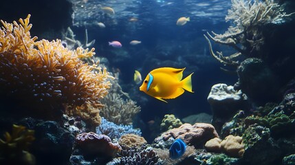 Naklejka premium Vibrant Coral Reef Scene with Yellow Tang Fish Swimming Among Colorful Coral and Marine Life