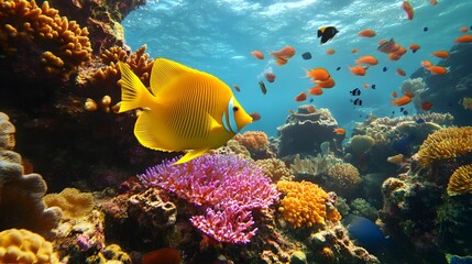 Naklejka premium Vibrant Coral Reef Scene with Yellow Tang Fish and Colorful Marine Life in Crystal Clear Waters
