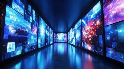 A futuristic hallway showcases digital displays with vibrant images on walls