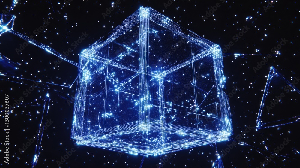 Aufkleber a glowing d digital cube rotating in space with geometric shapes, clear background for text, brandin