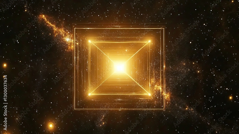 Poster a glowing d digital cube rotating in space with geometric shapes, clear background for text, brandin