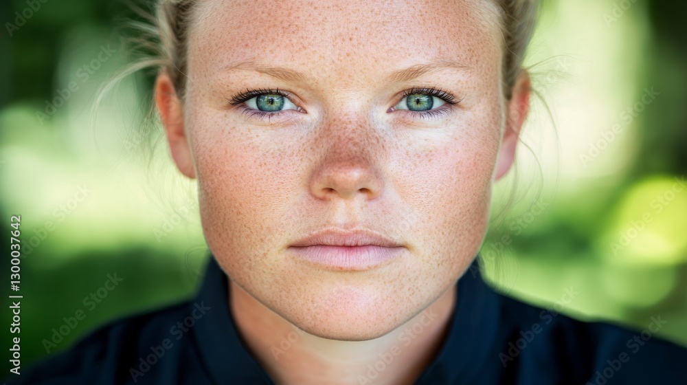 Poster a woman's face captures soft natural light, highlighting her freckles and delicate features, creatin