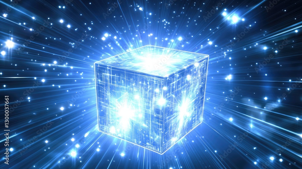 Poster a glowing d digital cube rotating in space with geometric shapes, clear background for text, brandin