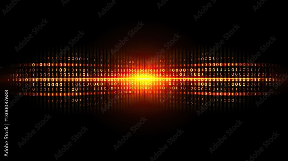 Poster a glowing binary code on a dark background with digital connections, providing space for creative br