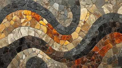 A breathtaking close-up of a handcrafted mosaic featuring a swirling, abstract pattern composed of irregularly shaped stones in shades of charcoal, sienna