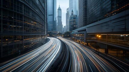 Naklejka premium A stunning time-lapse fusion of a bustling city skyline transitioning from sunset to night, skyscrapers illuminated, car light trails weaving through the streets, a sense of motion and