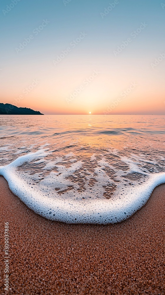 Poster a mesmerizing time-lapse fusion of a serene beach scene capturing the tide rolling in and out, golde