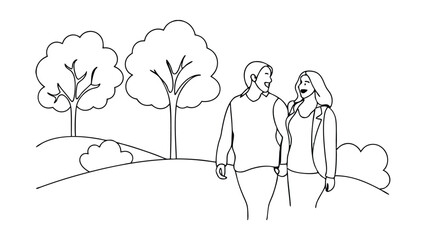 Line art drawing of a happy couple holding hands, strolling through a parklike setting with trees and rolling hills. Simple, romantic scene.