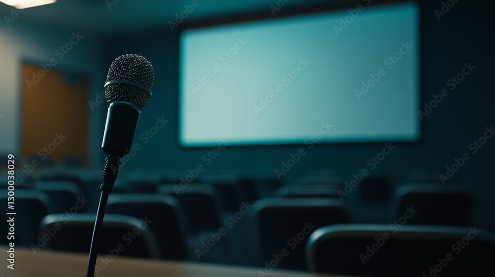 Poster a sleek microphone stands ready in front of a large blurred screen, creating anticipation for an upc