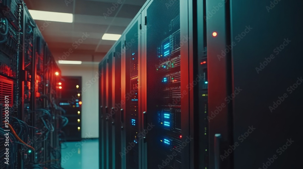 Poster Sleek network time protocol server with blue glowing indicators in a dimly lit room, showcasing the essential infrastructure of digital timekeeping