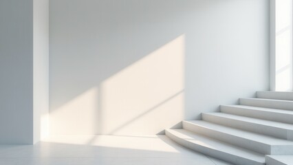 Obraz premium Sunlight casts geometric shadows on a minimalist white wall and staircase, creating a 3D effect on the wall.
