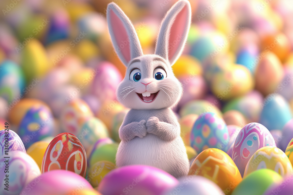 Poster cartoon rabbit is standing in a field of easter eggs. the rabbit is smiling and he is happy. the sce