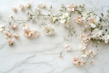 Delicate pink and white flowers arranged on a marble background.