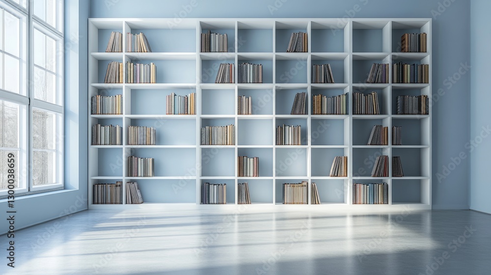 Poster a minimalist bookshelf filled with books and empty shelves, perfect for displaying creative text, lo