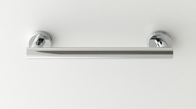 A minimalist chrome toilet paper holder attached to a neutral bathroom wall with plenty of open space surrounding it for design ideas or branding.