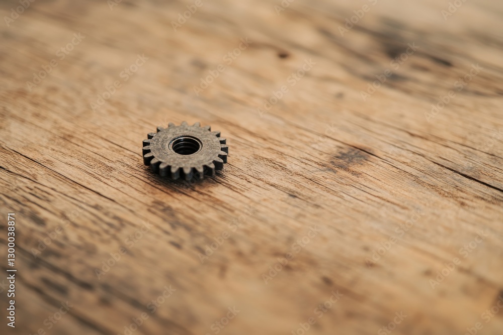 Poster A close-up view features a mechanical cog resting on a textured wooden surface, with shadows accentuating its precise craftsmanship and design