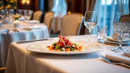 Fine dining experience featuring an artfully plated gourmet dish on an elegant table setting