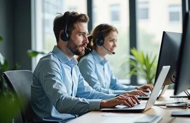 Two call-center operators with headsets working at modern office. Man, woman sitting at desk with computers, typing on keyboard. Colleagues provide client assistance, support, cyber security