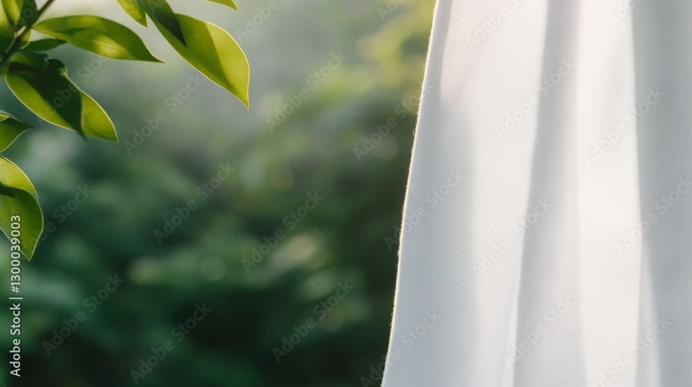 Leinwandbilder a white curtain softly filters light, showcasing the intricate shadow of a tree branch. this composi
