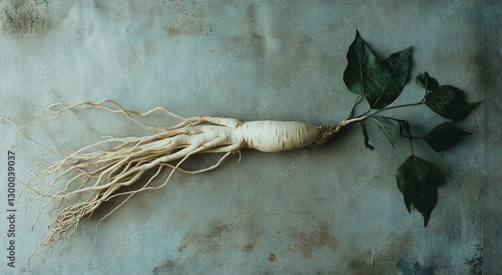 Poster Overhead view of a ginseng root with leaves on a textured surface.