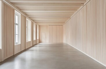 Fototapeta premium Modern minimalist empty room with wood paneling and large windows, concrete floor.