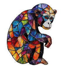 Colorful 3D Stained Glass Monkey Design on Transparent background with Artistic Geometric Patterns and Intricate Details