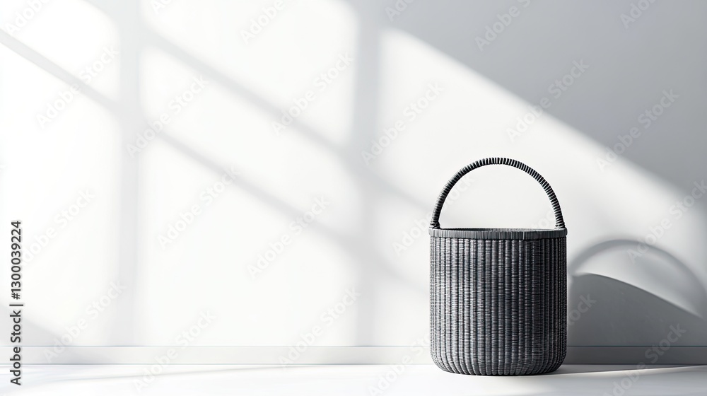 Poster a modern, gray laundry basket on a simple white background with ample surrounding space to feature y