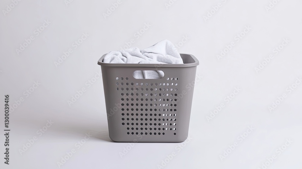 Poster a modern, gray laundry basket on a simple white background with ample surrounding space to feature y