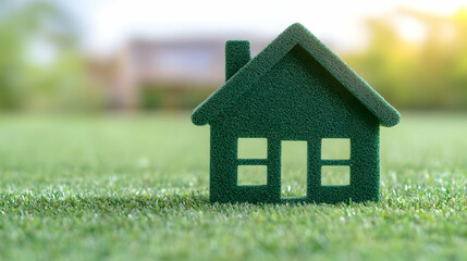 Green House Model on Grass with Soft Focus Background