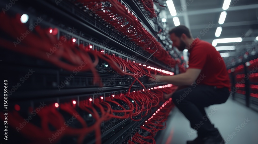 Leinwandbilder Technician crouches in a data center, carefully examining a server rack filled with cables and blinking lights while ensuring optimal operation