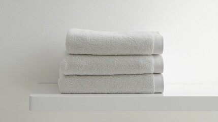 A neat stack of towels in neutral tones placed on a white shelf, with clear surrounding space for design, branding, or promotional text.
