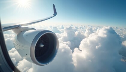 Airplane wing, powerful jet engine flying above fluffy clouds. View from plane window, blue sky background, sun shines. Air transport journey, travel vacation concept. High altitude flight, aviation