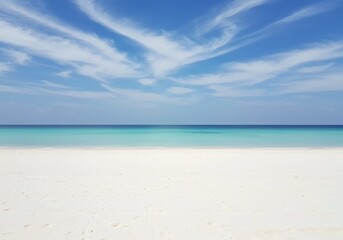 Obraz premium This image captures a serene tropical beach with white sand, turquoise water, and a clear blue sky, emphasizing its natural beauty