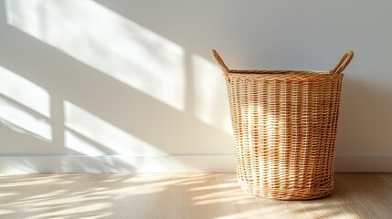 Fototapeta premium A simple, rectangular laundry basket placed on a light hardwood floor, with soft light casting shadows and ample space for design or text.