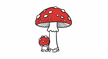 Simple illustration of adult and baby fly agaric mushrooms with red caps on a white background