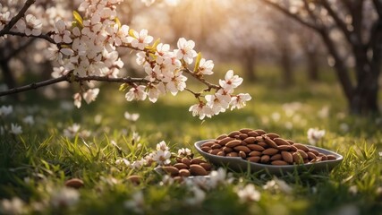 Naklejka premium Almonds on a plate surrounded by blooming flowers in a serene orchard setting.