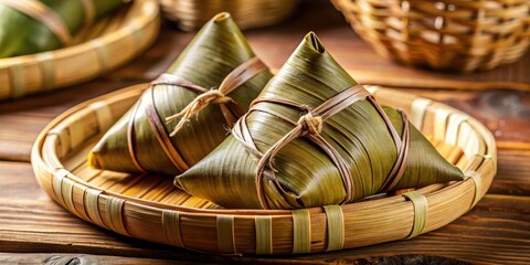 Obraz premium Close up of a sticky rice dumpling wrapped in bamboo leaves, sticky rice, traditional, sticky rice