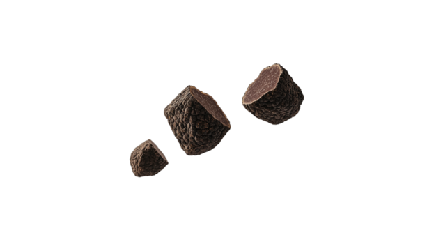 Black truffle floating on white background
