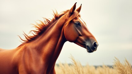 Fototapeta premium A stunning art painting of a horse with a flowing mane in a field of tall grass.