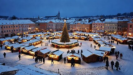 Christmas Market in Snowy Town Square at Dusk