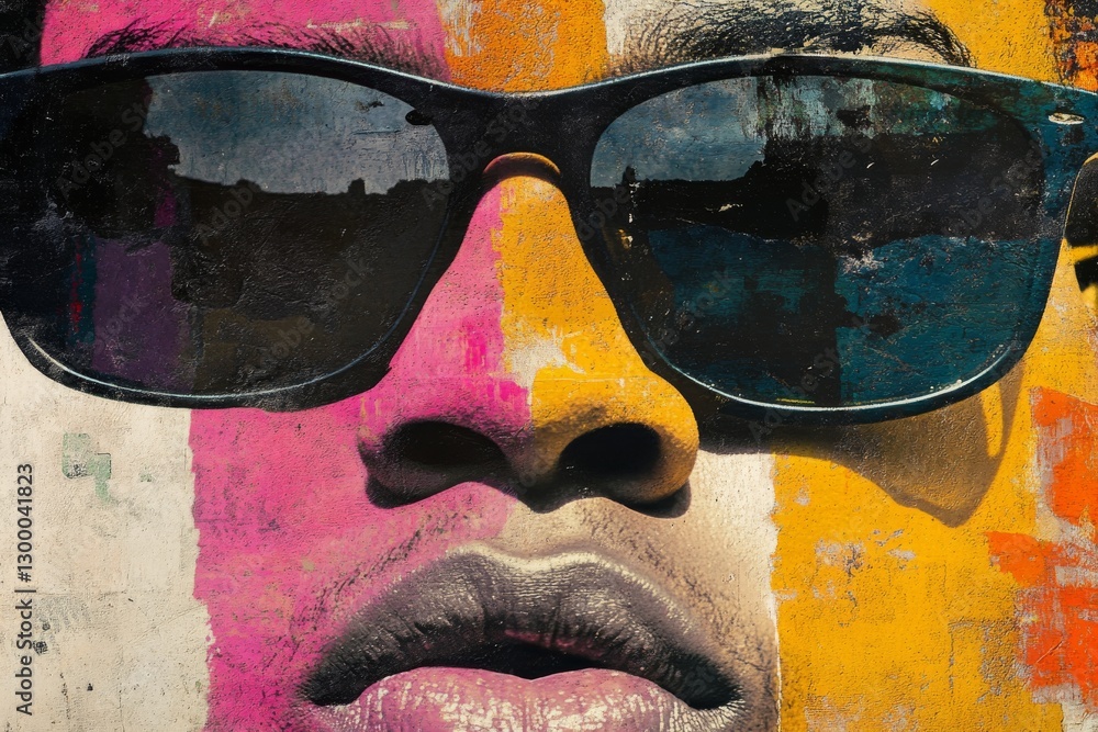 Poster close-up of a vibrant pop art collage featuring bold colors and patterns. a figure in oversized sung