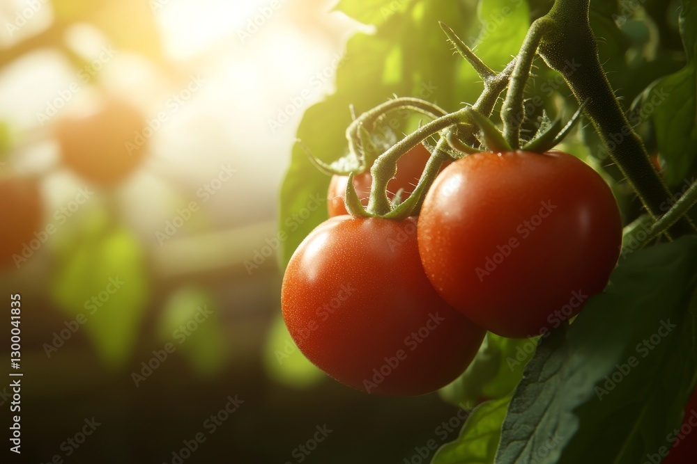 Poster a close-up view of a vibrant red tomato cluster hanging from green vines, illuminated by warm natura