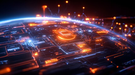 a digital representation of the earth's surface, covered in a complex network of interconnected circuits and glowing lights