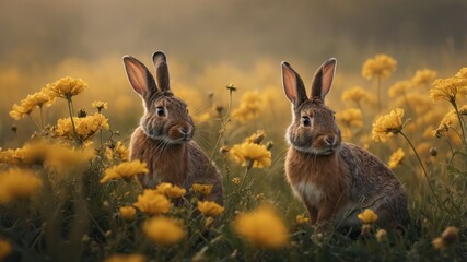 Obraz premium Two rabbits sitting amidst vibrant yellow flowers in a serene meadow.