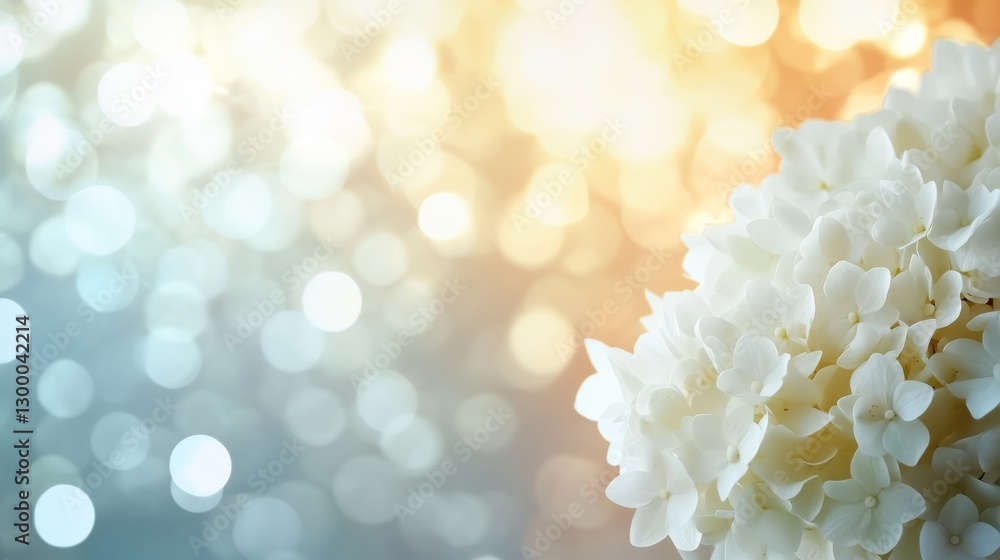 Poster a white hydrangea bloom captures attention with a soft, magical bokeh background in pastel hues, off