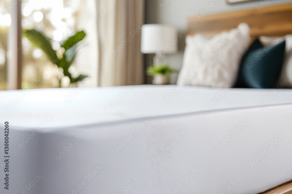 Aufkleber a white mattress protection cover is neatly placed on a bed, with natural light enhancing the textur
