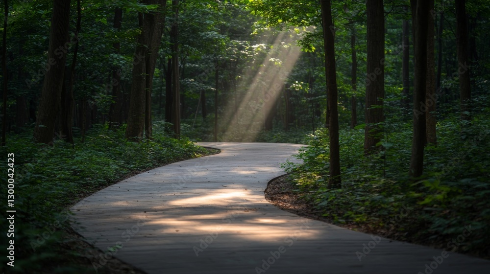 Aufkleber Sunlight streams through leaves, casting intricate shadows on a winding path surrounded by vibrant greenery, inviting exploration in a peaceful outdoor environment