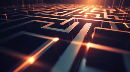 Abstract Maze with Golden Light Trails, Illustrating Complexity and Solutions
