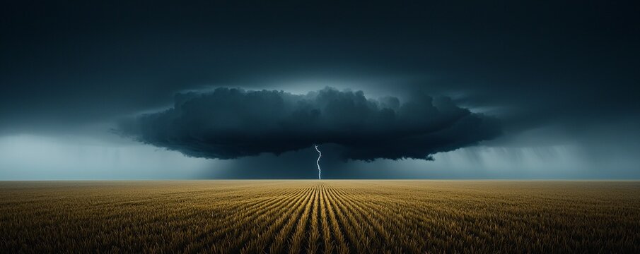 A surreal time-lapse fusion of a storm rolling over a vast prairie, dark clouds forming, lightning striking in the distance, rain washing over fields, dramatic and moody, high-contrast photography,