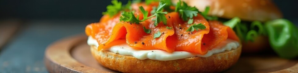 Smoked carrot vegan salmon on bagel with cashew cream cheese, cashew, dairy free, closeup